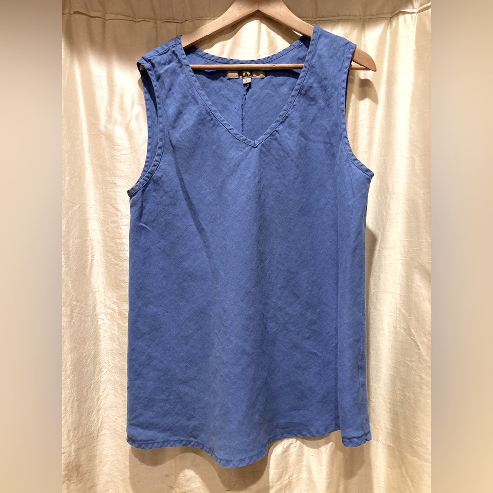 FLAX 100% Linen V Neck Bias CutTank- Large, Periwinkle